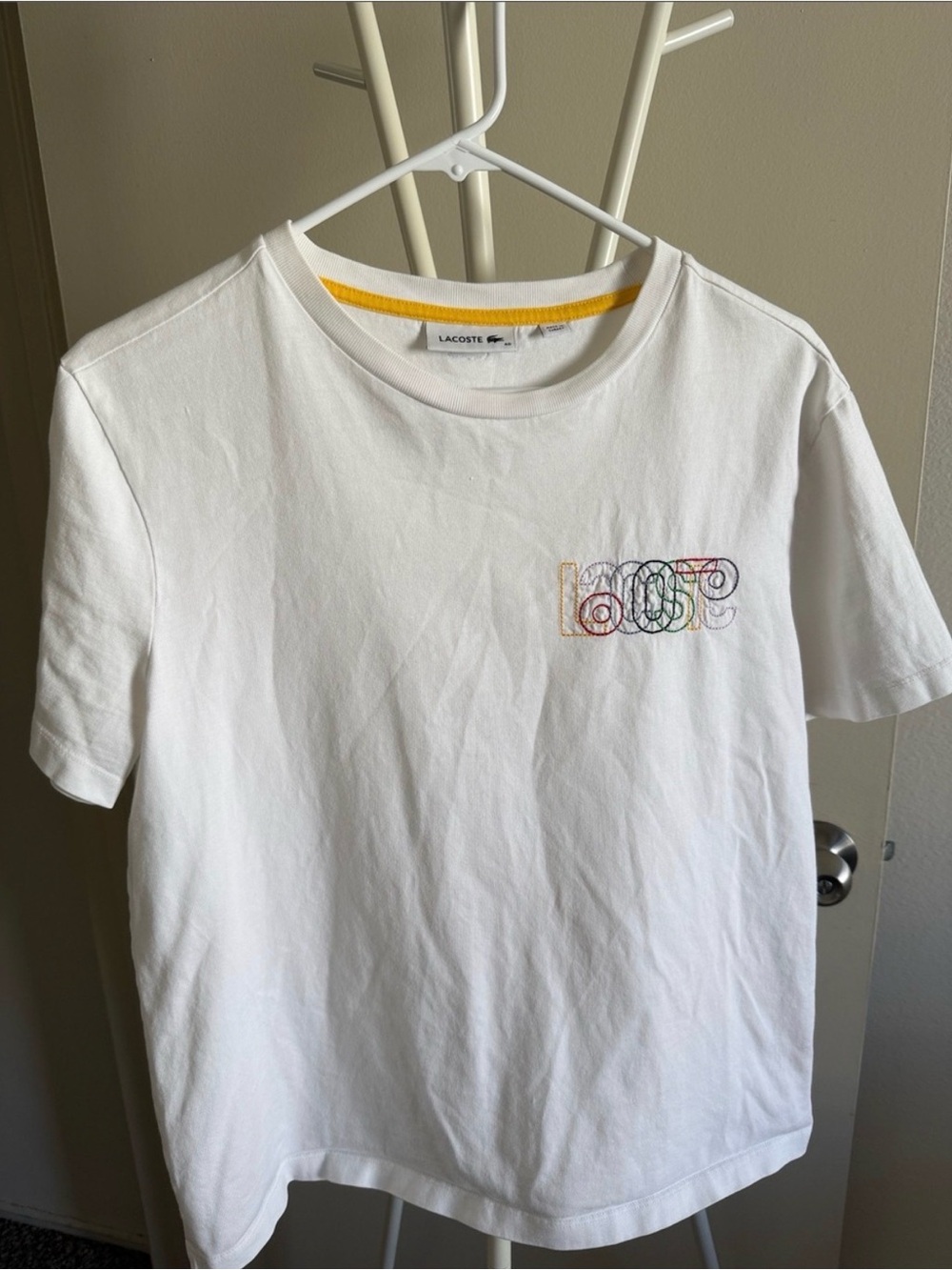 Lacoste White Short Sleeve Tee with Multicolor Embroidered Logo
